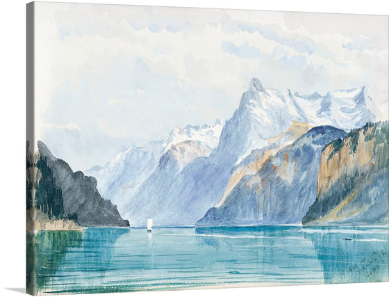 “Bay of Uri, Brunnen from Switzerland 1870” is a stunning watercolor, gouache, and graphite painting by John Singer Sargent. The artwork depicts a serene scene of a snow-capped mountain range along the banks of the crystal-blue Bay of Uri in Brunnen, Switzerland.