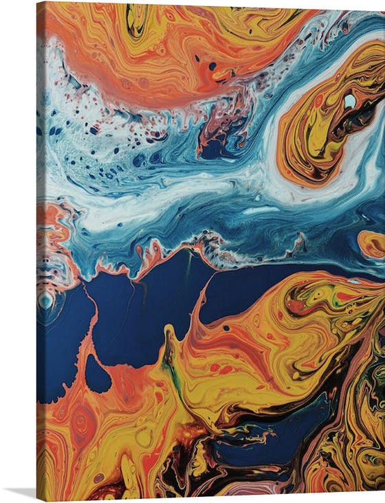 This captivating abstract painting bursts with vibrant energy. Splashes of blue, yellow, and orange dance across the canvas, creating a harmonious chaos.