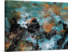  Dive into the mesmerizing depths of this exquisite artwork, a print that encapsulates the tumultuous beauty of natural elements clashing and melding. The vivid interplay of colors, from the serene blues and greens to the fiery oranges, evokes a sense of dynamic movement, akin to oceans meeting volcanic landscapes. Each brushstroke tells a tale of elemental dance, making this piece a captivating addition to any space seeking to inspire awe and contemplation.