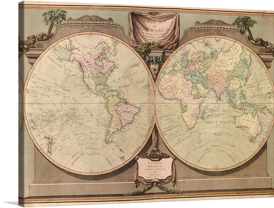 Step into a world where the past and present merge, with this exquisite print of an antique map. Every intricate detail, from the elegant script to the meticulously drawn borders, invites you on a journey through time. The dual hemispheres are adorned with a rich tapestry of colors that breathe life into the continents and oceans alike. This artwork isn’t just a piece of history; it’s a conversation starter, an educational tool, and a testament to the timeless allure of exploration.