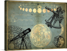   “Planetary Map”. This artwork is a harmonious blend of art and science that captures the intricate beauty of the universe. The map features intricate illustrations of planets, phases of the moon, and astronomical instruments against a vintage backdrop. Each section, marked by distinct hues and textures, tells a story of the cosmos’ vastness and complexity. 