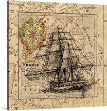  Embark on a journey through time with this exquisite print, where the elegance of a bygone era is captured in every detail. The artwork features a meticulously drawn ship, its sails billowing, navigating the tumultuous waters amidst an ancient map. The backdrop is adorned with an intricate map that whispers of old-world charm, detailing regions of England and neighboring France.