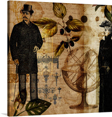  Step into a world where history, art, and imagination converge with this exquisite print, “Nautical 1800 Man and Woman.” The artwork captures the enigmatic allure of two figures. Amidst them lies an intricate tapestry of elements - an antique globe symbolizing the age of exploration, lush botanical illustrations representing nature’s untamed beauty, and cryptic scripts narrating untold stories.