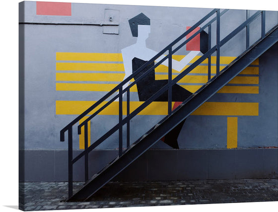 “Black Metal Staircase Next to a Drawn Gray Concrete Floor” invites you into a world where art and reality intertwine. This exquisite print captures the harmonious blend of a tangible black metal staircase and an artistically rendered figure. The muted gray backdrop, adorned with vibrant yellow stripes and geometric shapes, injects life into the static structure. Shadows dance across the rough concrete floor, hinting at the quiet morning light. 