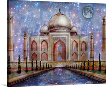  Immerse yourself in the ethereal beauty of “Taj Mahal Temple Mausoleum” by Victoria Borodinova. This exquisite print captures the iconic architecture with a celestial touch, where the majestic structure is bathed in a symphony of stars, illuminating the intricate designs and awe-inspiring domes. 