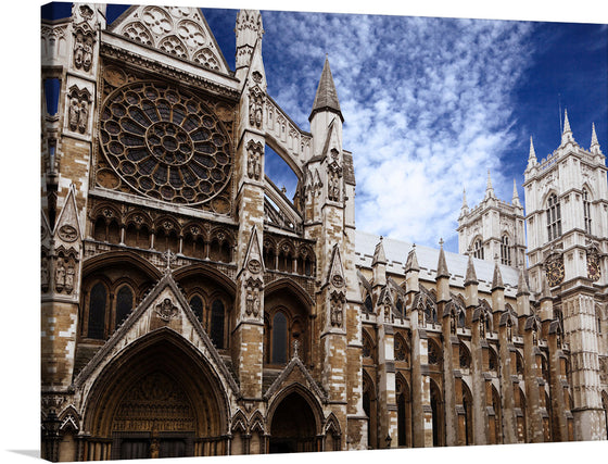 Immerse yourself in the grandeur of architectural mastery with this exquisite print of a renowned cathedral. Every intricate detail, from the majestic spires that reach for the heavens to the awe-inspiring stained glass windows, is captured with impeccable clarity. The contrast of the stone edifice against a backdrop of a serene sky invokes a sense of timeless elegance and divine beauty. 