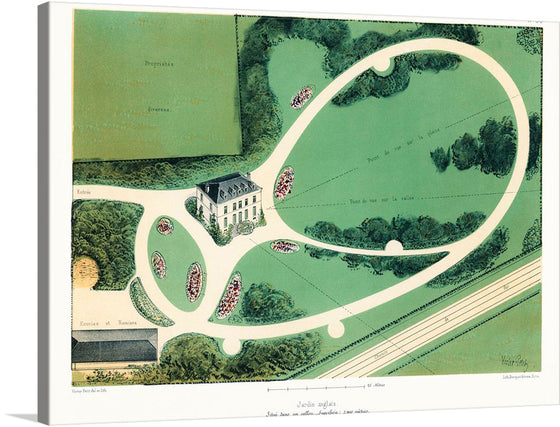 “Parcs et Jardins des Environs de Paris (1850)” is a stunning artwork that captures the essence of a bygone era where elegance and nature intertwined in harmonious splendor. The print features an aerial view of an elaborate garden with various elements, including a large green area, intricate white pathways, and clusters of trees scattered throughout the garden. 