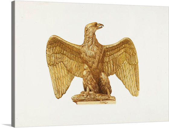 This beautiful print of a golden eagle is a must-have for any art collector. The intricate details and lifelike depiction of the bird make it a stunning addition to any room. The print is a realistic drawing of a golden eagle with its wings spread, standing on a pedestal with its head turned to the side.