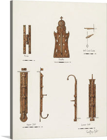  “Hardware Details (of doors) (ca. 1940)” by Geoffrey Holt is a stunning print that captures the essence of vintage craftsmanship. The artwork features detailed illustrations of various types of door hardware, each piece intricately drawn showing rust and wear indicative of their age and use.