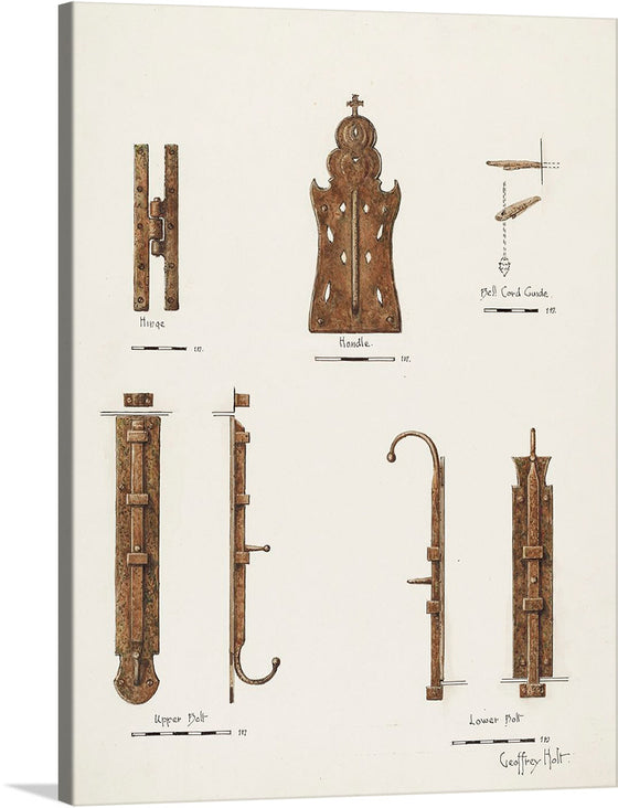 “Hardware Details (of doors) (ca. 1940)” by Geoffrey Holt is a stunning print that captures the essence of vintage craftsmanship. The artwork features detailed illustrations of various types of door hardware, each piece intricately drawn showing rust and wear indicative of their age and use.