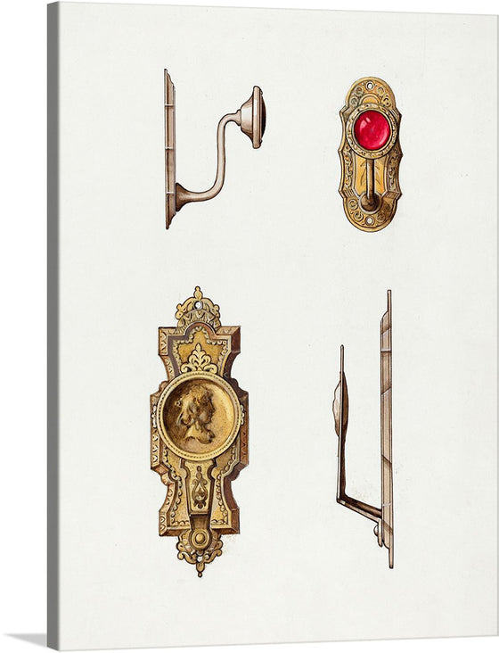 “Brackets (ca. 1937)” by Dana Bartlett is a beautiful print that showcases the artist’s skill in capturing the intricate details of everyday objects. The print features four different brackets, each with its own unique design and color. The top left bracket is a simple L-shaped bracket with a curved end and a small finial. 