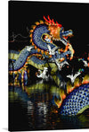 This print captures the enchanting spectacle of a dragon lantern sculpture at night. The dragon, a majestic creature of folklore, is brought to life with scales in hues of blue and orange, its mouth agape as if ready to breathe fire. The sculpture’s reflection in the water below adds a layer of depth and drama to the scene.