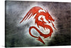 “The Red Dragon” appears to refer to the prominent red dragon design in the image. The artwork features a striking red dragon against a textured grey background. The dragon is stylized, with sharp, angular lines and curves creating its form. Its fierce expression, with an open mouth as if roaring, adds to its intensity. The background texture resembles brushed metal, with scratches and marks, giving it an aged or worn appearance. 
