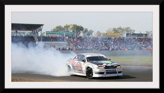 "White race car burnout"