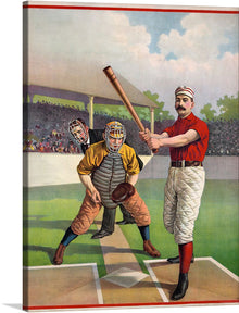  This captivating poster celebrates America's pastime in its golden age. The scene is a sun-drenched baseball game, captured in a dynamic, almost fauvist style. The batter, rendered in bold strokes of red and orange, swings with gusto, his bat cracking against the unseen ball.