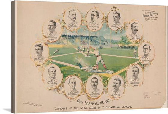 “Our Baseball Heroes - Captains of the Twelve Clubs in the National League” is a captivating artwork that captures the essence of baseball’s golden era. The artwork features twelve portraits of the captains of the twelve baseball teams in the National League, arranged around a scene showing a base-runner attempting to steal second base during a baseball game.