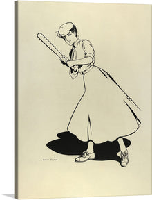  This piece captures the elegance and power of a woman in mid-swing with a baseball bat, her attire suggesting a nostalgic nod to an earlier era. The minimalist black ink design against a soft cream background focuses on the fluidity of motion, meticulously crafted to evoke a sense of movement and grace. 