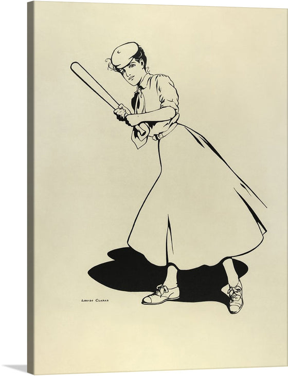 This piece captures the elegance and power of a woman in mid-swing with a baseball bat, her attire suggesting a nostalgic nod to an earlier era. The minimalist black ink design against a soft cream background focuses on the fluidity of motion, meticulously crafted to evoke a sense of movement and grace. 