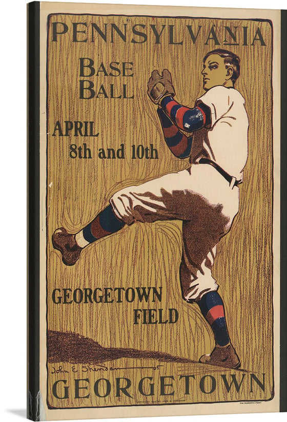 Step back in time with John E. Sheridan’s iconic artwork, “Pennsylvania vs. Georgetown.” This exquisite print captures the golden age of baseball, showcasing a player mid-pitch, adorned in classic attire against a backdrop that exudes vintage charm. Every stroke and color choice encapsulates the spirit and passion of a bygone era, making it not just a piece of art but a slice of history. 