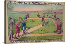  “The Great National Game - Last Match of the Season to be Decided Nov. 11th, 1884” by Macbrair & Sons invites you to step back in time—a vibrant portrayal of baseball’s golden era. In this exquisite print, players clad in striped uniforms and vintage hats converge on a lush green field. Their animated expressions reveal the intensity of the game—the final match of the season. 
