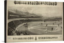  Step back in time with this captivating artwork titled “A Baseball Match (1894)”. This exquisite print, rich in detail and nostalgia, showcases a bustling stadium alive with fans engrossed in a thrilling baseball game. Above and below the main scene, portraits of legendary players grace the artwork, immortalizing their contribution to this beloved sport. Every glance at this piece promises to transport you to a simpler time of pure passion for the game and communal enjoyment.