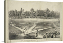  Step back in time with this exquisite print, capturing the essence of “The American National Game of Base Ball.” Every stroke and detail transports you to a bygone era, where the sport was not just a game but a communal experience. Witness players in classic attire, immersed in a pivotal moment on the field, surrounded by an audience absorbed in every move.