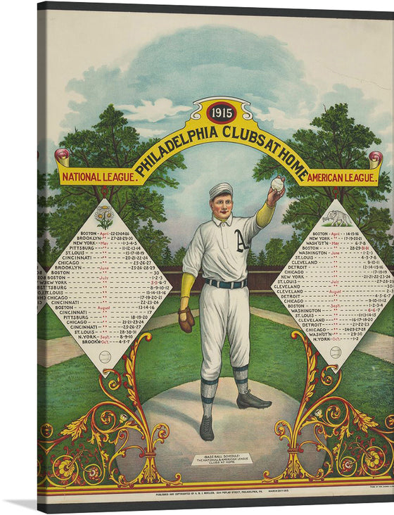 Step back in time with this captivating artwork, a print of the 1915 Philadelphia Clubs at Home. This piece captures the essence of baseball’s golden era, featuring an iconic player poised in victory against a backdrop of lush greenery and an expansive sky. The intricate detailing, from the player’s classic uniform to the ornate framing that encapsulates team schedules, makes this print a collector’s gem.