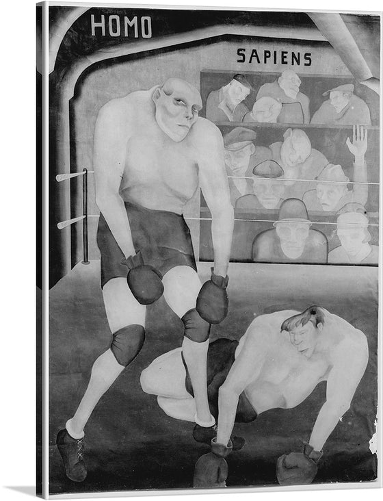 “Boxer sometimes called Homo Sapiens” by Willy Fick is a striking piece of art that would make a great addition to any collection. The black and white image depicts a boxer standing over his defeated opponent, with a crowd of onlookers in the background. 