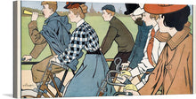   The print features a group of stylish individuals, adorned in classic attire, enjoying a leisurely bike ride. The artist’s use of vibrant colors and distinct lines brings each character to life, offering a glimpse into the past where bicycles were not just a means of transportation but an integral part of social life. 