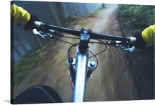  This print is a stunning photograph of a mountain bike ride through the woods. The photo is taken from the perspective of the rider, giving the viewer a sense of the thrill and excitement of the ride. 