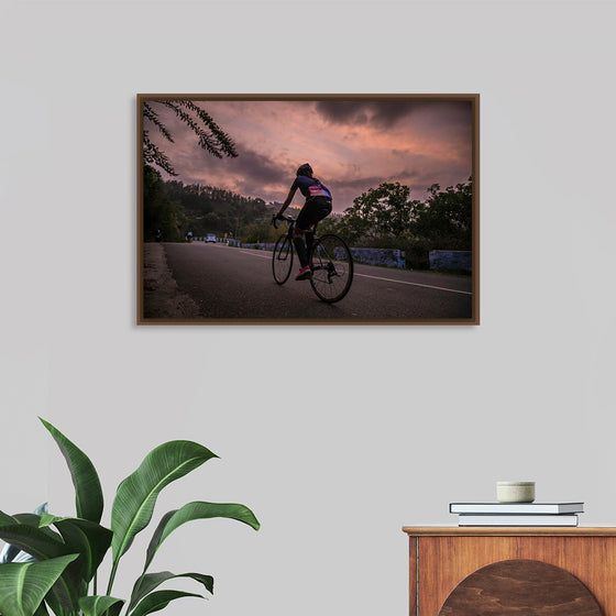 "Male bicycling along a treed road in Ooty"