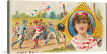  This print is a lively and colorful vintage illustration of a football game in full swing. The players, adorned in striped jerseys, are captured in the heat of the action, adding a dynamic element to the artwork. The background features a goal post and a large yellow flag with a black cannon, enhancing the sports-themed ambiance.