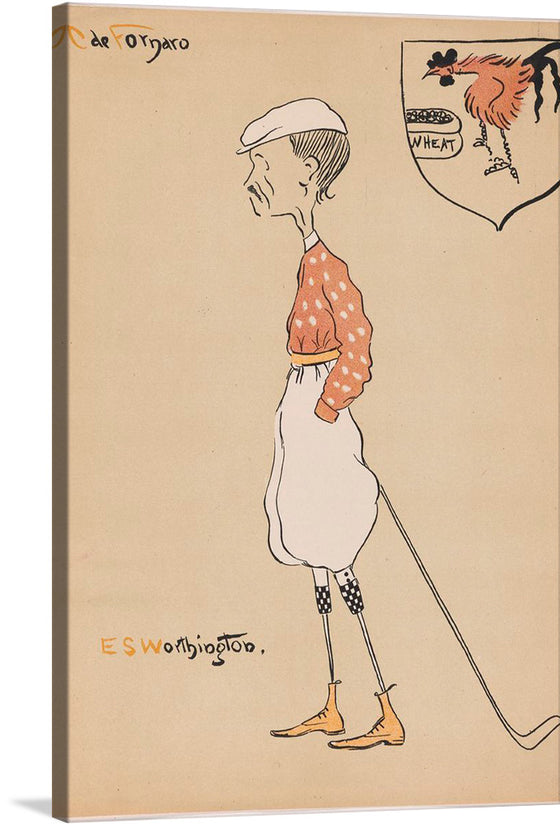 “E. C. Worthington, Carlo De Fornaro” is a unique and engaging artwork by Carlo De Fornaro. The print features a caricature of a man in a pink polka-dot shirt and white apron, with a coat of arms in the background.