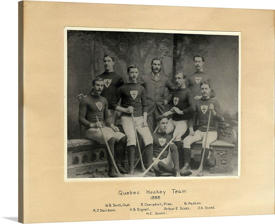 The “Quebec Hockey Club” print is a captivating piece of art that encapsulates the spirit and vigor of vintage hockey. This 1888 photograph, rich in detail and history, showcases the esteemed Quebec Hockey Team in their prime. Each player, adorned in classic attire and wielding antique hockey sticks, exudes an air of determination and skill. 