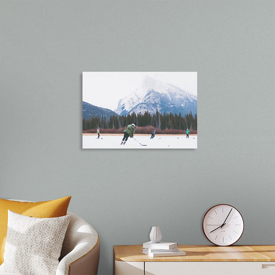 "Children Playing Ice Hockey in Banff National Park"