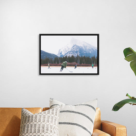 "Children Playing Ice Hockey in Banff National Park"