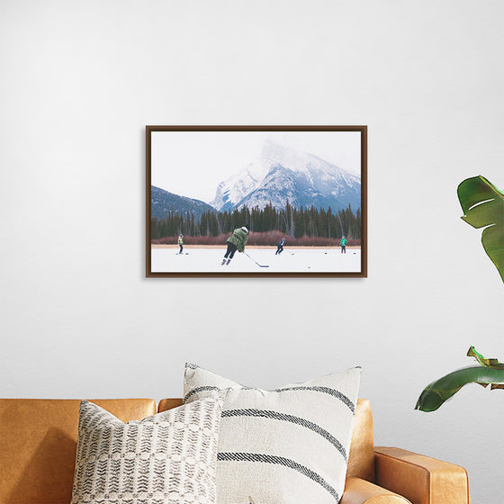 "Children Playing Ice Hockey in Banff National Park"