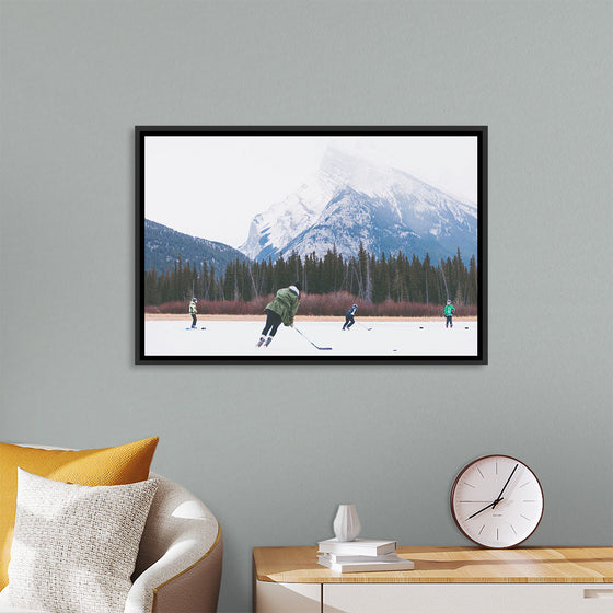 "Children Playing Ice Hockey in Banff National Park"