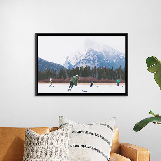 "Children Playing Ice Hockey in Banff National Park"