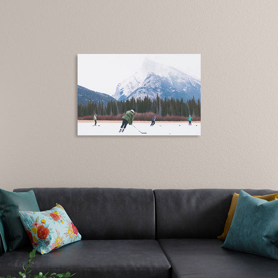 "Children Playing Ice Hockey in Banff National Park"