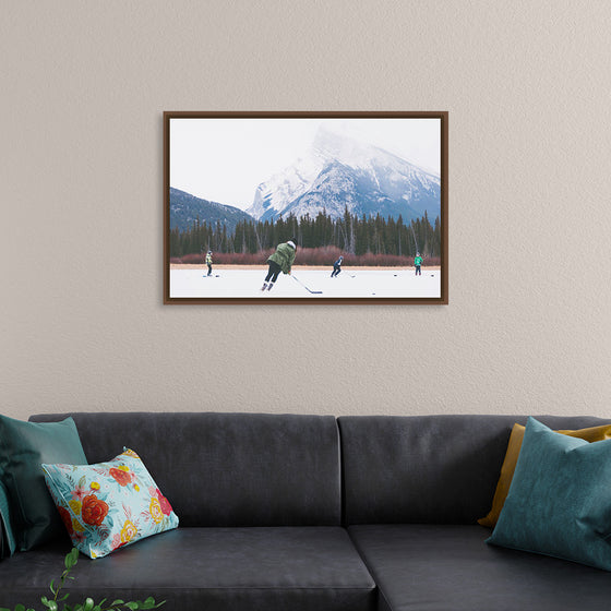 "Children Playing Ice Hockey in Banff National Park"