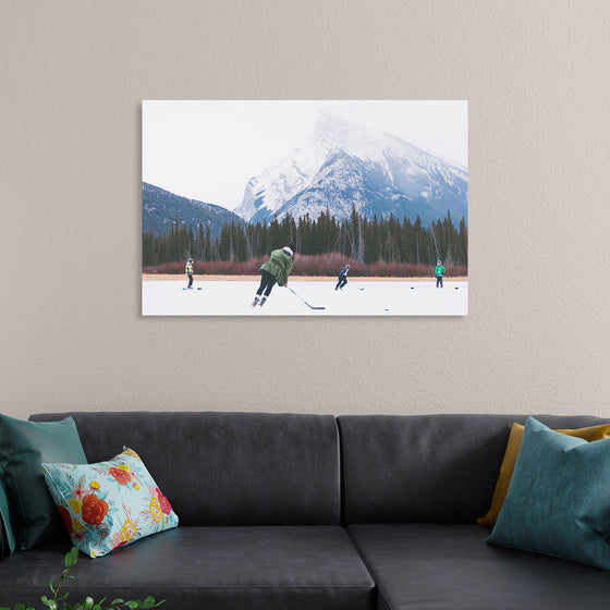 "Children Playing Ice Hockey in Banff National Park"