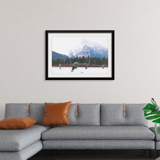 "Children Playing Ice Hockey in Banff National Park"