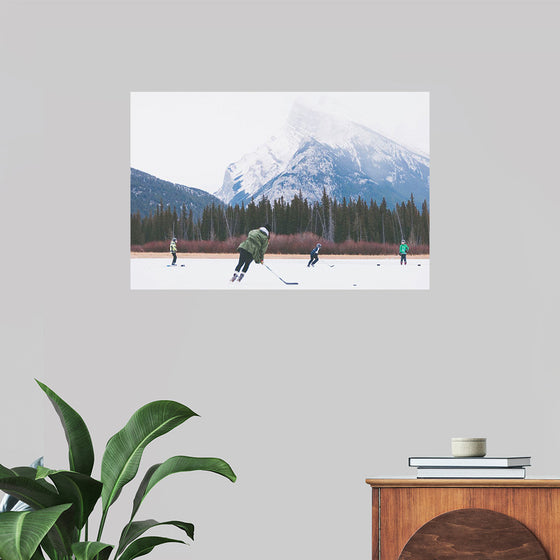 "Children Playing Ice Hockey in Banff National Park"