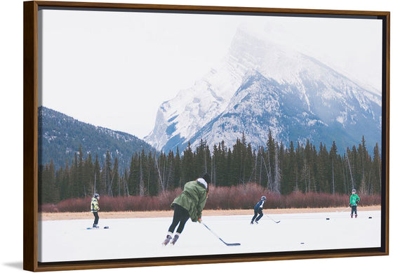 "Children Playing Ice Hockey in Banff National Park"