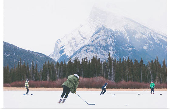 "Children Playing Ice Hockey in Banff National Park"