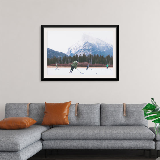 "Children Playing Ice Hockey in Banff National Park"