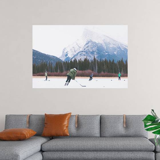 "Children Playing Ice Hockey in Banff National Park"