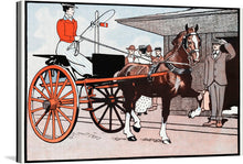  “Woman in a Horse Carriage” by Edward Penfield invites you to step back in time—a nostalgic journey where elegance and sophistication reign supreme. In this exquisite print, a woman, adorned in vintage attire, gracefully commands an open horse-drawn carriage. The striking contrast of the red carriage against the muted backdrop evokes a sense of nostalgia, while Penfield’s meticulous illustration captures every detail—the ornate wheels, the horse’s harness, and the woman’s poised demeanor. 