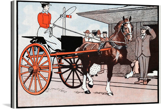 “Woman in a Horse Carriage” by Edward Penfield invites you to step back in time—a nostalgic journey where elegance and sophistication reign supreme. In this exquisite print, a woman, adorned in vintage attire, gracefully commands an open horse-drawn carriage. The striking contrast of the red carriage against the muted backdrop evokes a sense of nostalgia, while Penfield’s meticulous illustration captures every detail—the ornate wheels, the horse’s harness, and the woman’s poised demeanor. 